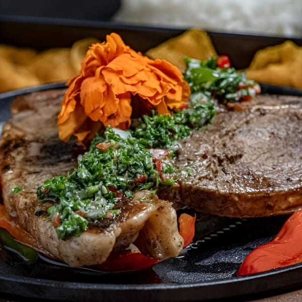 Grilled steak with chimichurri sauce and an orange flower garnish on a black plate.